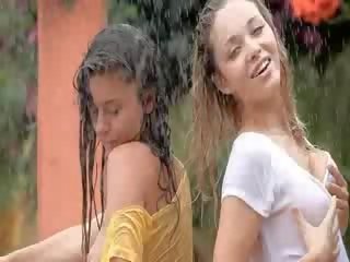 Beautiful girls in the rain